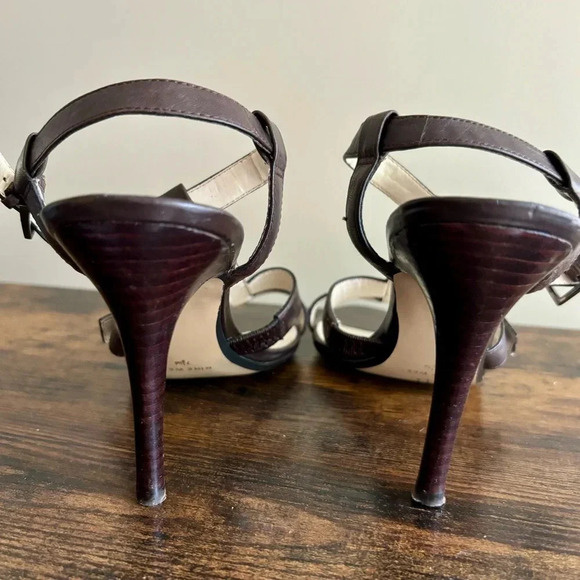 💫HP| Nine West|Dark Brown Leather Gladiator 3.5” Heel Ankle Strap Sandal Sz 7.5 - Picture 2 of 8